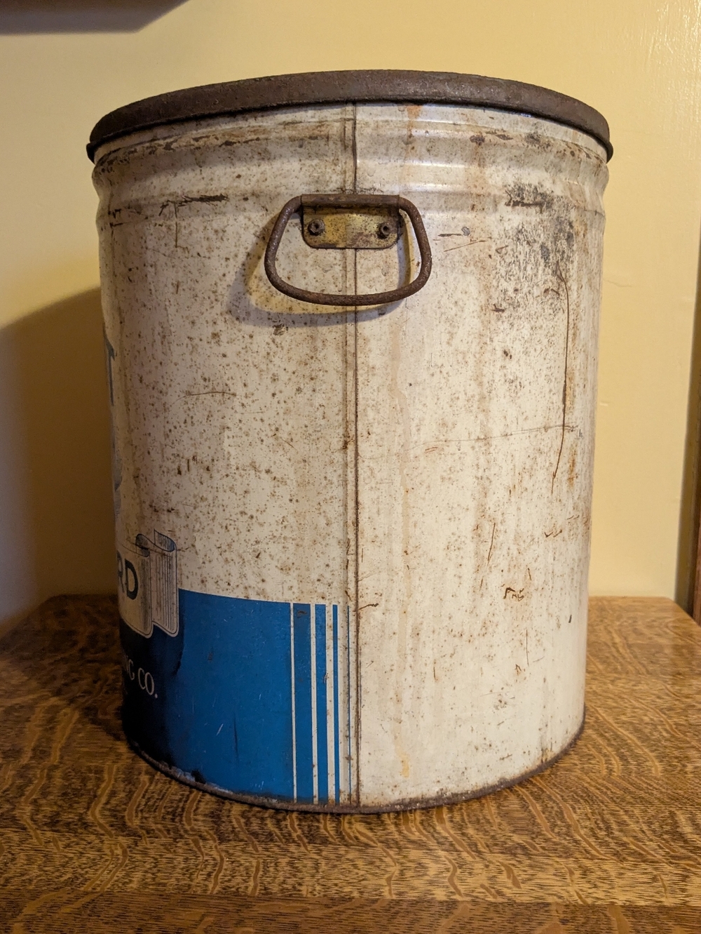 Vintage Fort Pitt Pure Lard Tin 50lb With Lid Bail Handle White Blue Rustic Farm - Picture 4 of 11